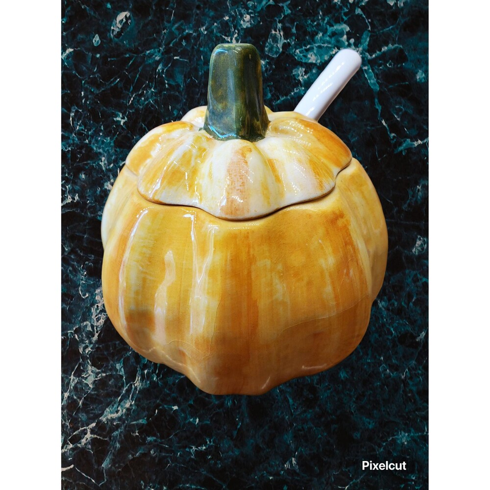 Vintage J. Willfred Pumpkin Tureen – Majolica Ceramic Fall Decor (As-Is)